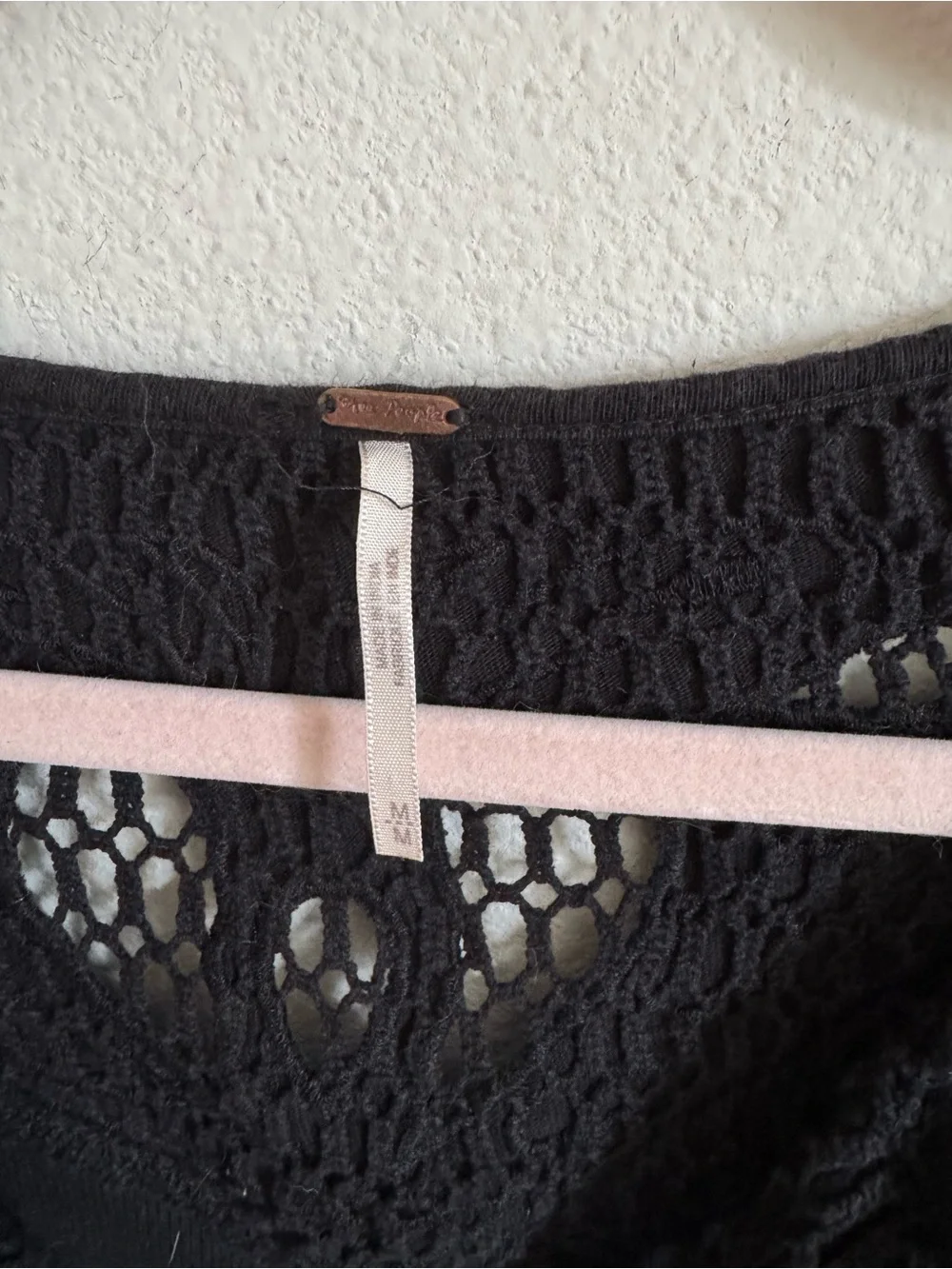 Free People Black Long Sleeve Crochet Ribbed Cotton Boho Indie Top size M